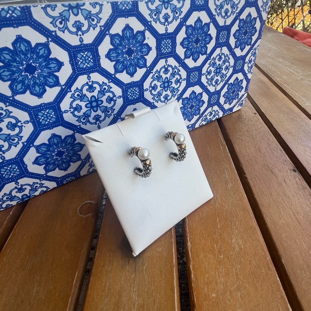 LAGOS 'Caviar' Two Tone Pearl Hoop Earrings - Picture 3 of 4